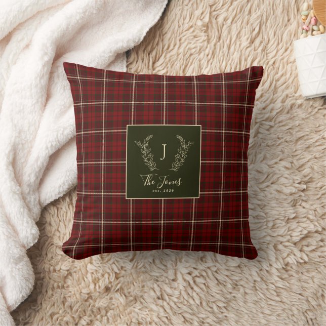 Christmas plaid family monogram name burgundy throw pillow (Blanket)