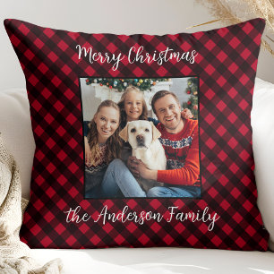 Christmas Plaid Family Personalized Modern Photo Throw Pillow