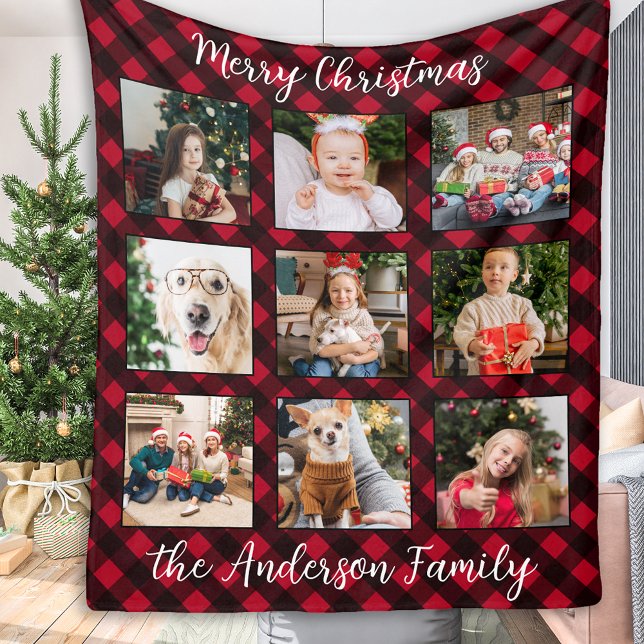 Christmas Plaid Family Personalized Photo Collage Fleece Blanket (Creator Uploaded)