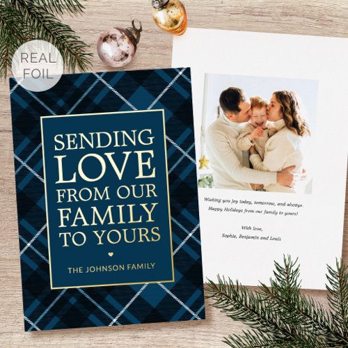 Christmas Plaid Family Photo Dark Blue Luxury Gold Foil Holiday Card