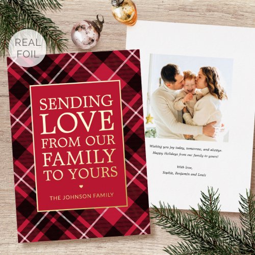 Christmas Plaid Family Photo Red Luxury Gold Foil Holiday Card