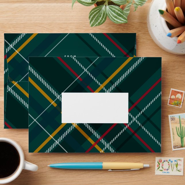Christmas plaid festive green tartan holiday envelope (Desk)