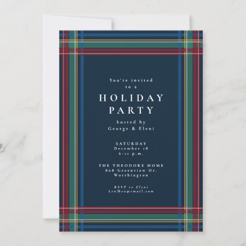 Christmas plaid frame simple navy holiday party invitation