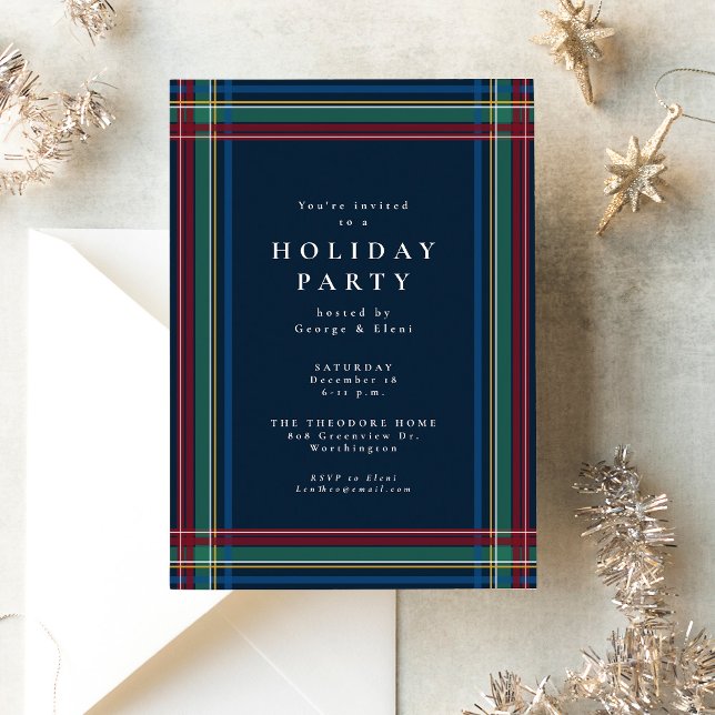 Christmas plaid frame simple navy holiday party invitation (Creator Uploaded)
