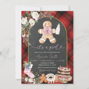Christmas Plaid Gingerbread Baby Shower Girl Invitation