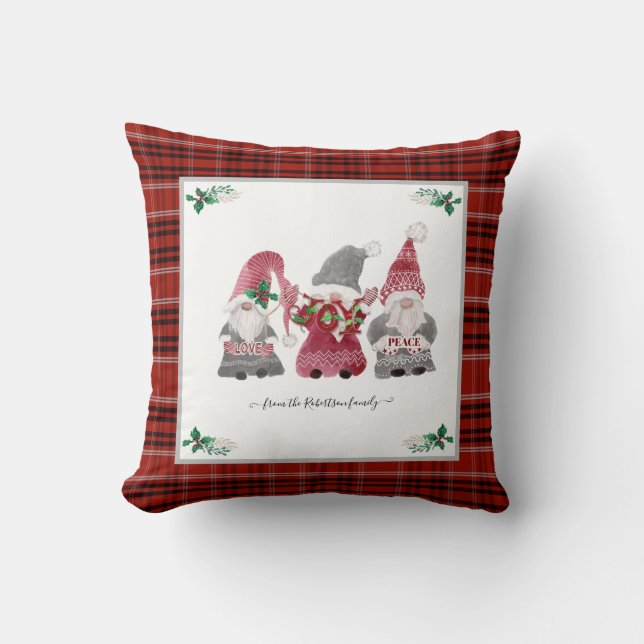 Christmas Plaid Gnome Love Joy Peace Holly Berry Throw Pillow (Front)