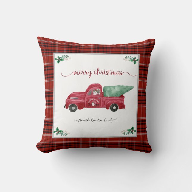 Christmas Plaid Gnome Tree Farm Red Truck Throw Pillow (Front)