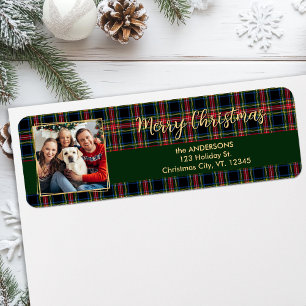 Christmas Plaid Gold Family Photo Return Address Label