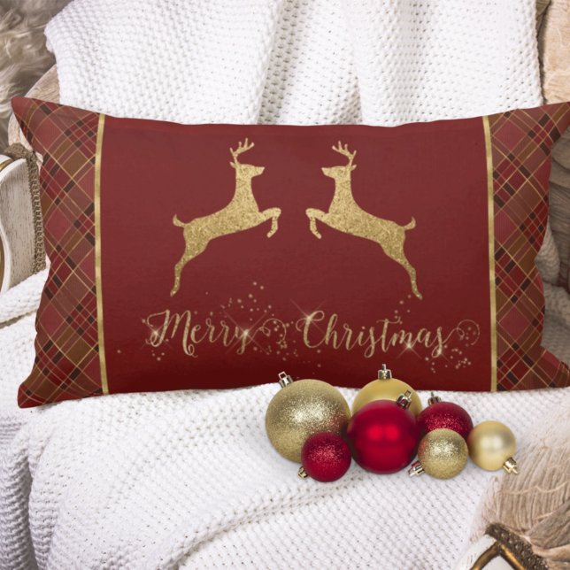 Christmas Plaid Gold Foil Deer Lumbar Pillow (Creator Uploaded)
