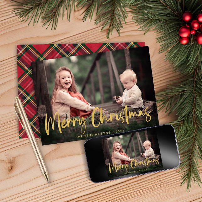 Christmas Plaid Gold Foil Script Holiday Photo (Christmas Plaid Gold Foil Script Holiday Photo)