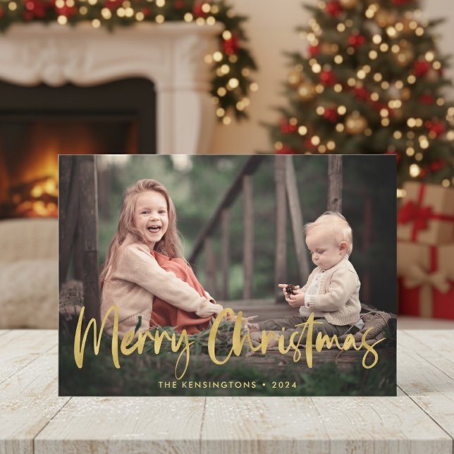 Christmas Plaid Gold Foil Script Holiday Photo Card (Christmas Plaid Gold Foil Script Holiday Photo Cards with instant download option)