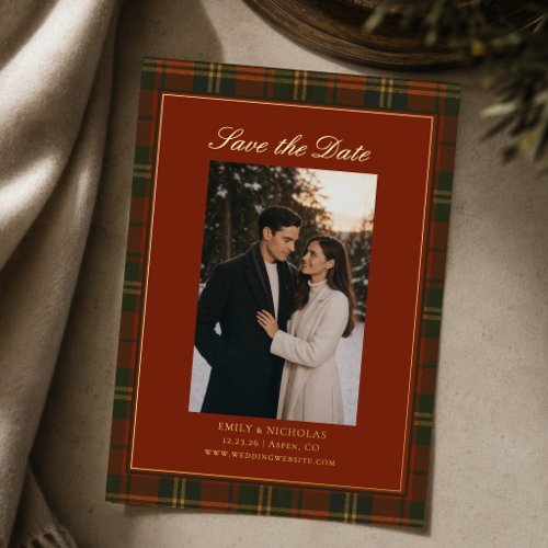 Christmas Plaid Gold Foil Wedding Save the Date Invitation