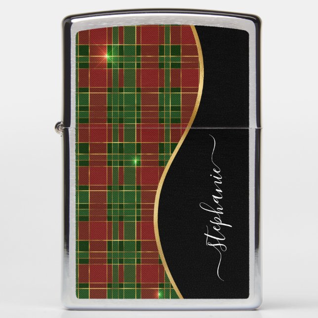 Christmas Plaid Gold Personalized Zippo Lighter (Front)