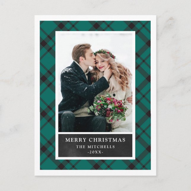 Christmas Plaid | Green and Black Two Photo Holiday Postcard (Front)