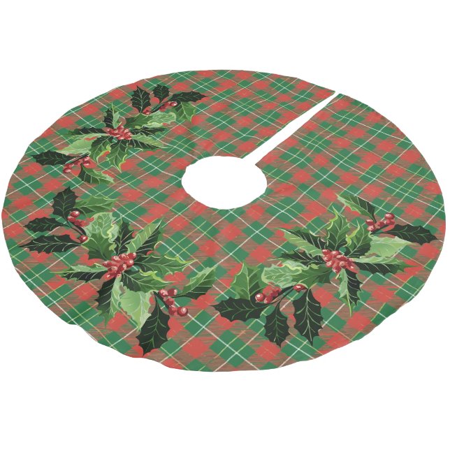Christmas Plaid Green on Red Brushed Polyester Tree Skirt (Angled)