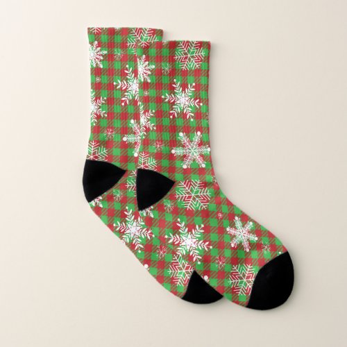 Christmas plaid green red snowflakes pattern socks