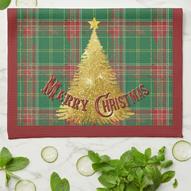 Christmas Plaid Green, Red with Gold Tree Kitchen Towel (Folded)
