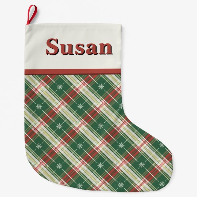 Christmas Plaid Green, White, Gold Large Christmas Stocking (Front)