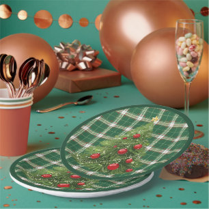 Christmas Plaid Green, White, with Red, Gold Paper Plates