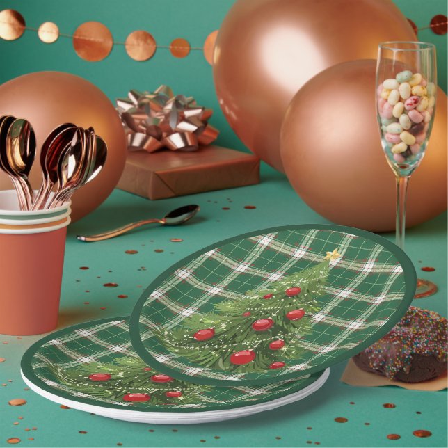Christmas Plaid Green, White, with Red, Gold Paper Plates (Multi)