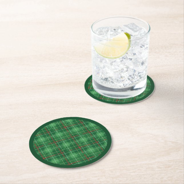 Christmas Plaid Green with Red Round Paper Coaster (Insitu)
