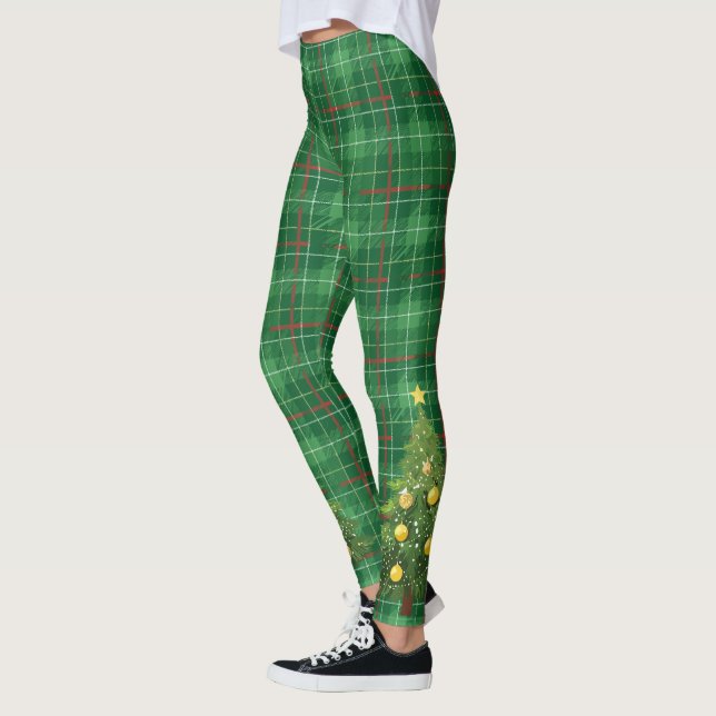 Christmas Plaid Green with Tree Leggings (Left)