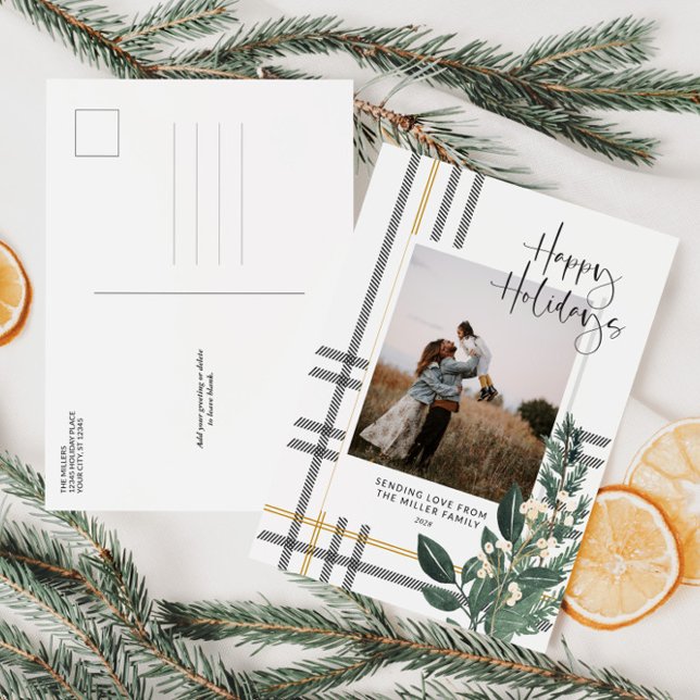 Christmas Plaid Greenery Holiday Photo Postcard (Creator Uploaded)