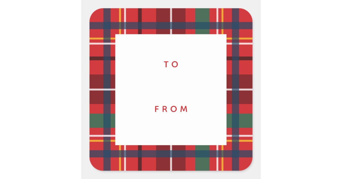 Christmas plaid holiday to from blank red gift squ square sticker | Zazzle