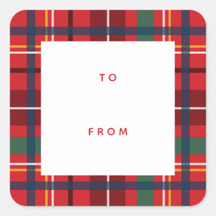 Christmas plaid holiday to from blank red gift square sticker