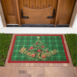 Christmas Plaid in Green with Red Doormat