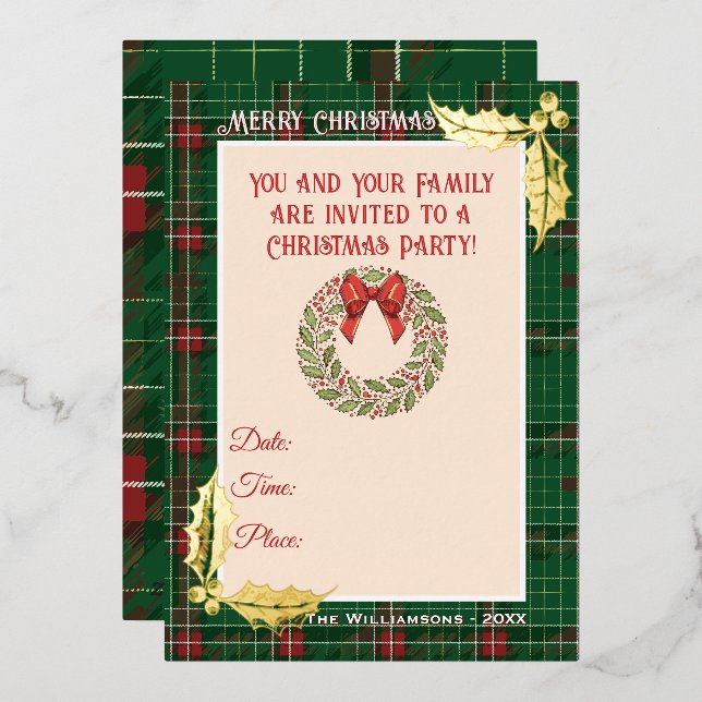 Christmas Plaid in Green with Red Foil Invitation (Front/Back)