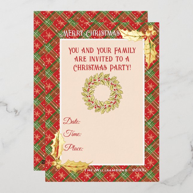 Christmas Plaid in Red, Green, and Gold Stars Foil Invitation (Front/Back)