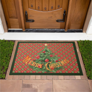 Christmas Plaid in Red, Green, Gold Stars Doormat
