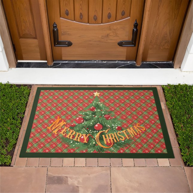 Christmas Plaid in Red, Green, Gold Stars Doormat (Outdoor)