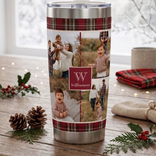 Christmas Plaid Monogram Family Photo Collage Insulated Tumbler
