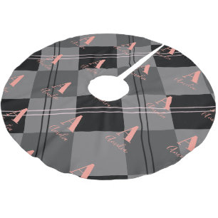 Christmas Plaid Monogram Gray Black Pink Brushed Polyester Tree Skirt