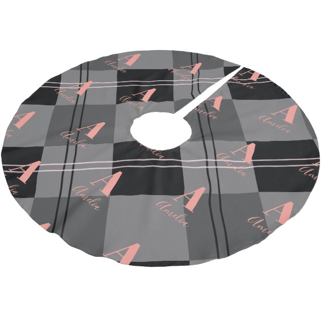 Christmas Plaid Monogram Gray Black Pink Brushed Polyester Tree Skirt (Angled)