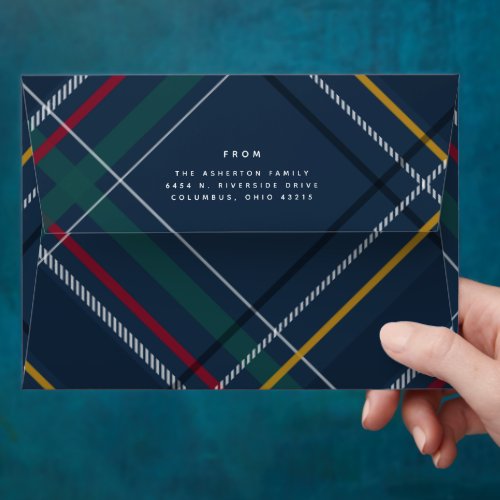 Christmas plaid navy holiday return address envelope