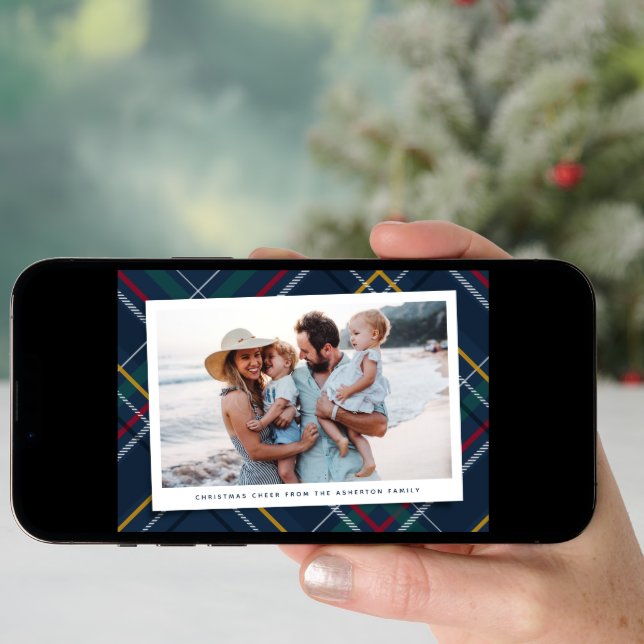 Christmas plaid one photo classic navy holiday card (Front Digital)