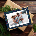 Christmas plaid one photo classic navy holiday card<br><div class="desc">A colorful navy blue Christmas plaid creates a festive background for your single horizontal photo and custom message. With its pops of red, green, yellow and blue, this plaid holiday card is perfect for sending cheer to friends and family. The back is a matching navy and includes a space for...</div>