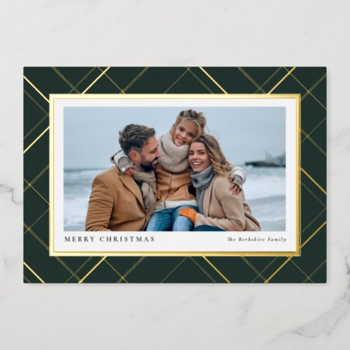 Christmas plaid one photo green gold classic foil holiday card