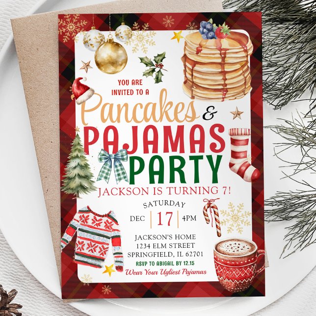 Christmas Plaid Pancake Pajamas Birthday Party Invitation (Creator Uploaded)