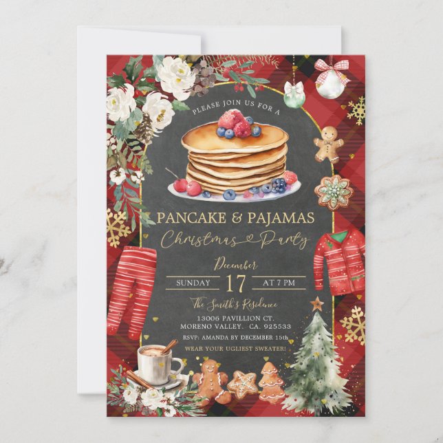 Christmas Plaid Pancake Pajamas Floral Christmas Invitation (Front)