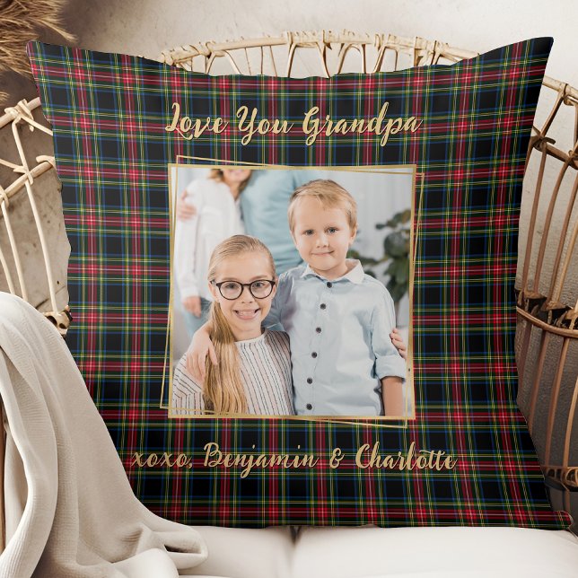 Christmas Plaid Personalized Gold Photo Grandpa Throw Pillow (Creator Uploaded)
