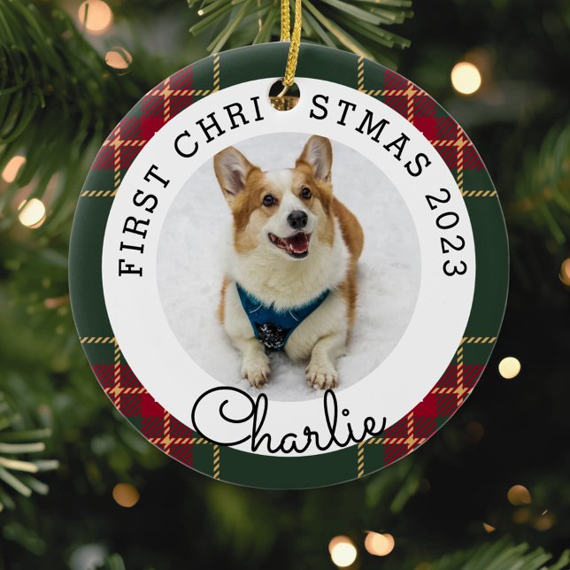 Christmas Plaid Pet's First Christmas Photo Ceramic Ornament (Creator Uploaded)