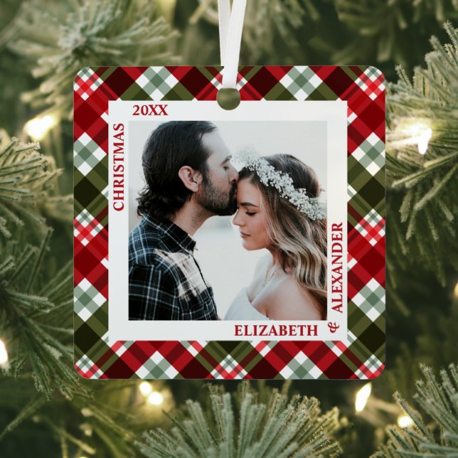 Christmas Plaid Photo Metal Ornament (Insitu)