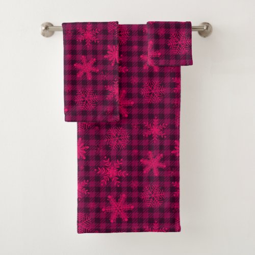 Christmas plaid pink black snowflakes pattern bath towel set
