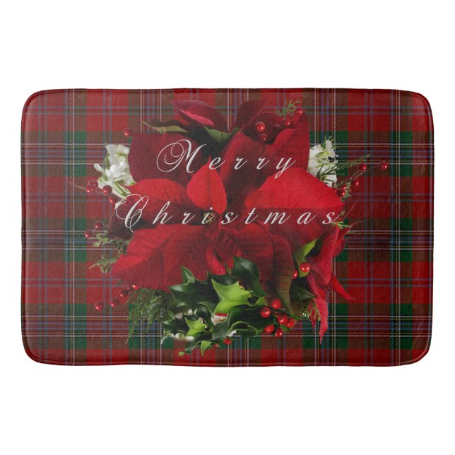 Christmas Plaid poinsettia Bathroom Mat (Front)