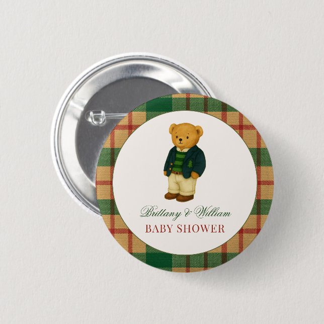 Christmas Plaid Preppy Bear Baby Shower  Button (Front & Back)