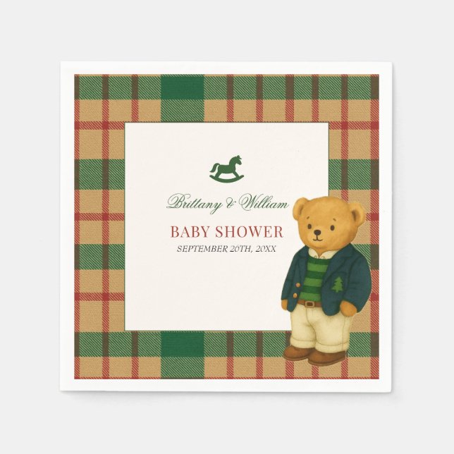 Christmas Plaid Preppy Bear Baby Shower  Napkins (Front)